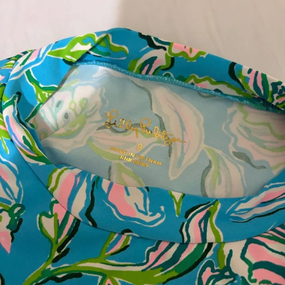 Lilly Pulitzer Rash Guard Top Girl's 8 Blue Colorful Floral Long Sleeve